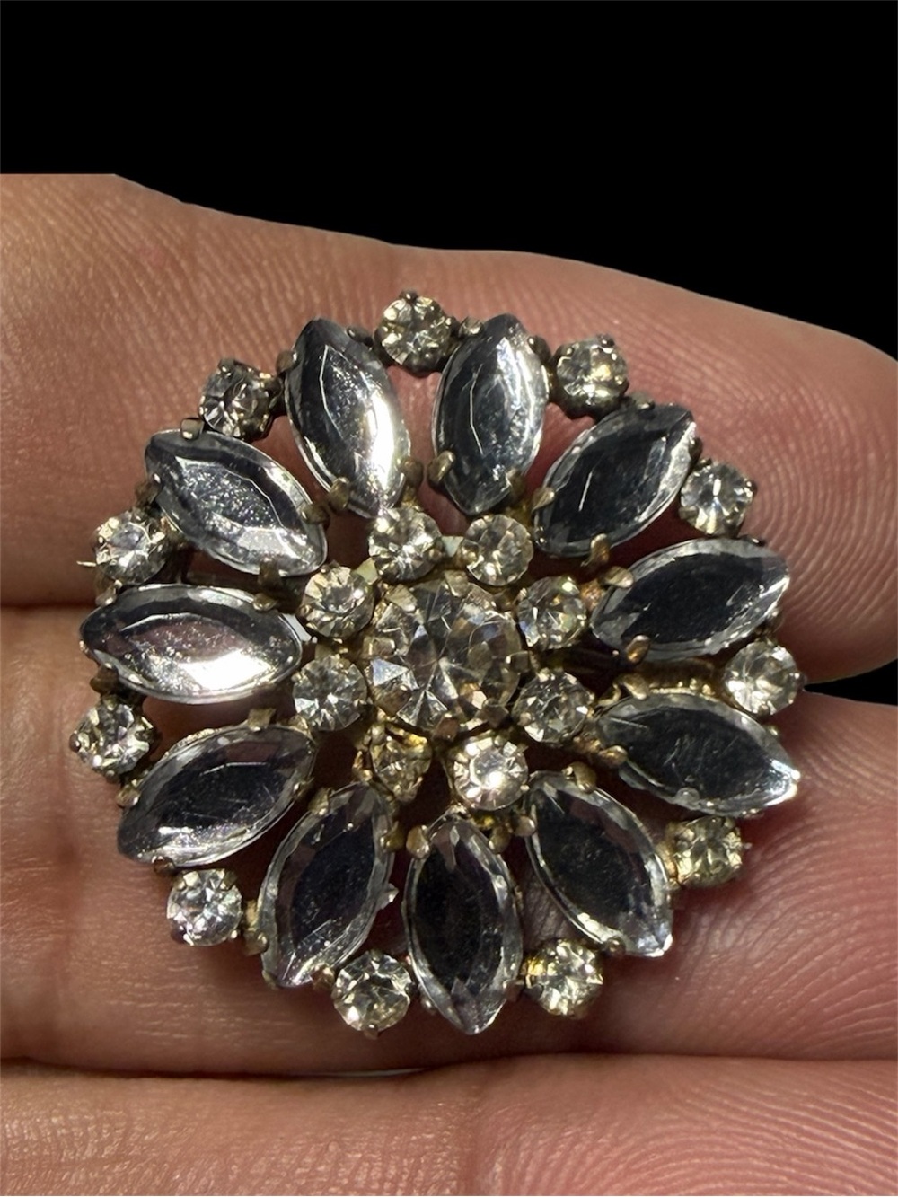 Vintage Mid-Century Clear Rhinestone Floral Starburst Brooch Pin